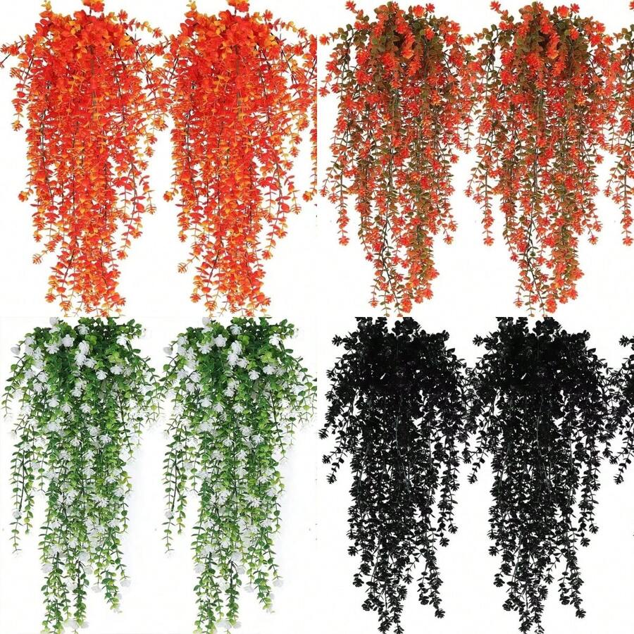 人造吊花，1 片假桉树藤蔓人造花，绿色花环室内外花园装饰，用于婚礼家居和派对装饰的塑料植物，用于婚礼派对花园的绿色家居和墙壁装饰，悬挂人造花，假密丝藤蔓花环串，圣诞节、感恩节、秋季、春季、夏季、冬季装饰 - 彩色 - 查看 1