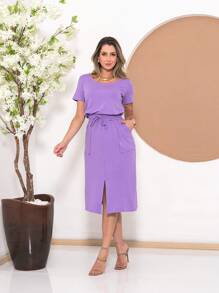 Sweatshirt Set Of Blouse With Slit Skirt C3015 - Màu Lilac Tím - Xem 3