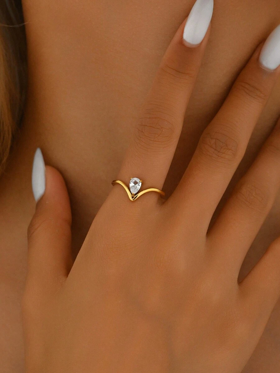 1 Stück Edelstahl Ring, Edelstahl Schmuck, modischer kubischer Zirkonia Ring, einfach und stilvoll, langanhaltend, glänzende Qualität für den täglichen Gebrauch - Goldgelb - Übersicht 1