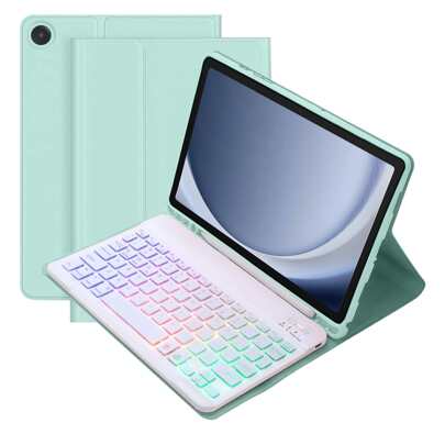 适用于三星 Galaxy Tab / Pad SE 的可拆卸彩色背光蓝牙键盘保护套，超薄轻巧支架保护套，带笔槽，薄荷绿