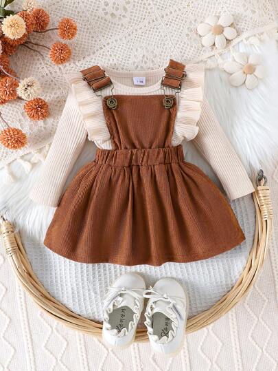 Baby Girl 2pcs Long Sleeve Romper + Corduroy Bib Dress Set, Autumn Winter