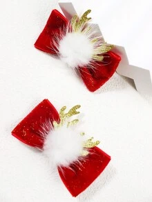 2pcs Girls Christmas Red Pompon Bow Hair Clips, Cute & Elegant All-Match Hair Accessories