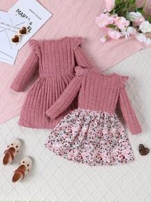 2件套 女童圆领荷叶袖罗纹可爱蝴蝶结连衣裙 + 碎花连衣裙