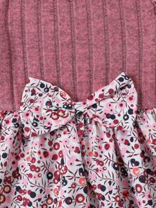 2件套 女童圆领荷叶袖罗纹可爱蝴蝶结连衣裙 + 碎花连衣裙