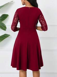 Đầm chữ A trơn phối ren tương phản dành cho nữ, đầm tay lửng 3/4 thanh lịch, thích hợp mặc thường ngày vào mùa xuân. - Màu Đỏ Sâu - Xem 2