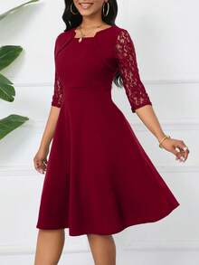 Đầm chữ A trơn phối ren tương phản dành cho nữ, đầm tay lửng 3/4 thanh lịch, thích hợp mặc thường ngày vào mùa xuân. - Màu Đỏ Sâu - Xem 3