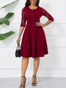 Đầm chữ A trơn phối ren tương phản dành cho nữ, đầm tay lửng 3/4 thanh lịch, thích hợp mặc thường ngày vào mùa xuân. - Màu Đỏ Sâu - Xem 5