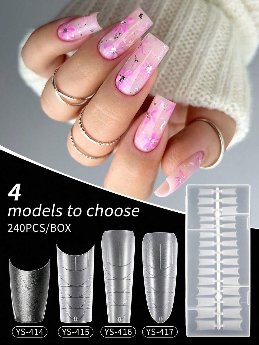 Nail Kingdom 240 片/盒 新款带刻度辅助线棺材假指甲超薄全覆盖和半覆盖长芭蕾舞者椭圆形假指甲 DIY 美甲沙龙指甲