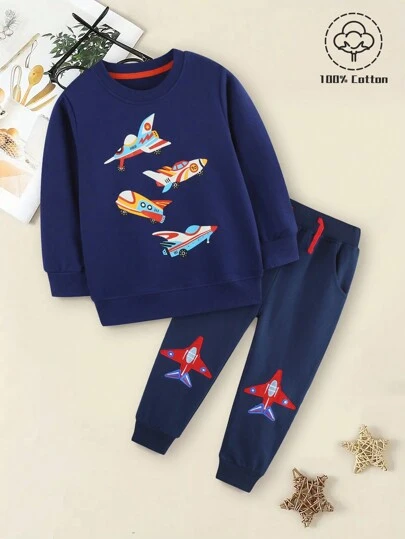 2 pezzi/set Completo bambino in pile con ricamo aeroplano cartoni animati, abbigliamento casual per la casa in autunno