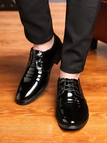 时尚休闲闪亮男士皮鞋，商务男士工作软皮厚底鞋，低帮系带男士皮鞋 - 黑色 - 查看 6