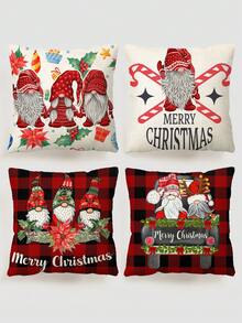 4 件手绘节日圣诞红花卡车侏儒格子字母图案枕套，创意欧美风格亚麻印花方形枕套，适用于客厅卧室装饰、沙发垫套、四季家纺装饰枕套 - 彩色 - 查看 9