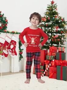 2 Peças Conjunto de Pijamas Ajustados de Natal Combinando com a Família, Parte Superior de Manga Longa e Calça Estampa Fofa de Rena, Roupa de Descanso Confortável