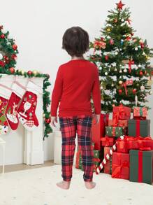 2 Peças Conjunto de Pijamas Ajustados de Natal Combinando com a Família, Parte Superior de Manga Longa e Calça Estampa Fofa de Rena, Roupa de Descanso Confortável