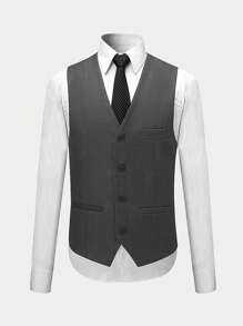 CLOUDSTYLE Men 3-Piece Business Suit Set, Includes Solid Color Shirt, Vest And Pants For Spring/Autumn, Casual/Business Wear - Dark Grey - View 4