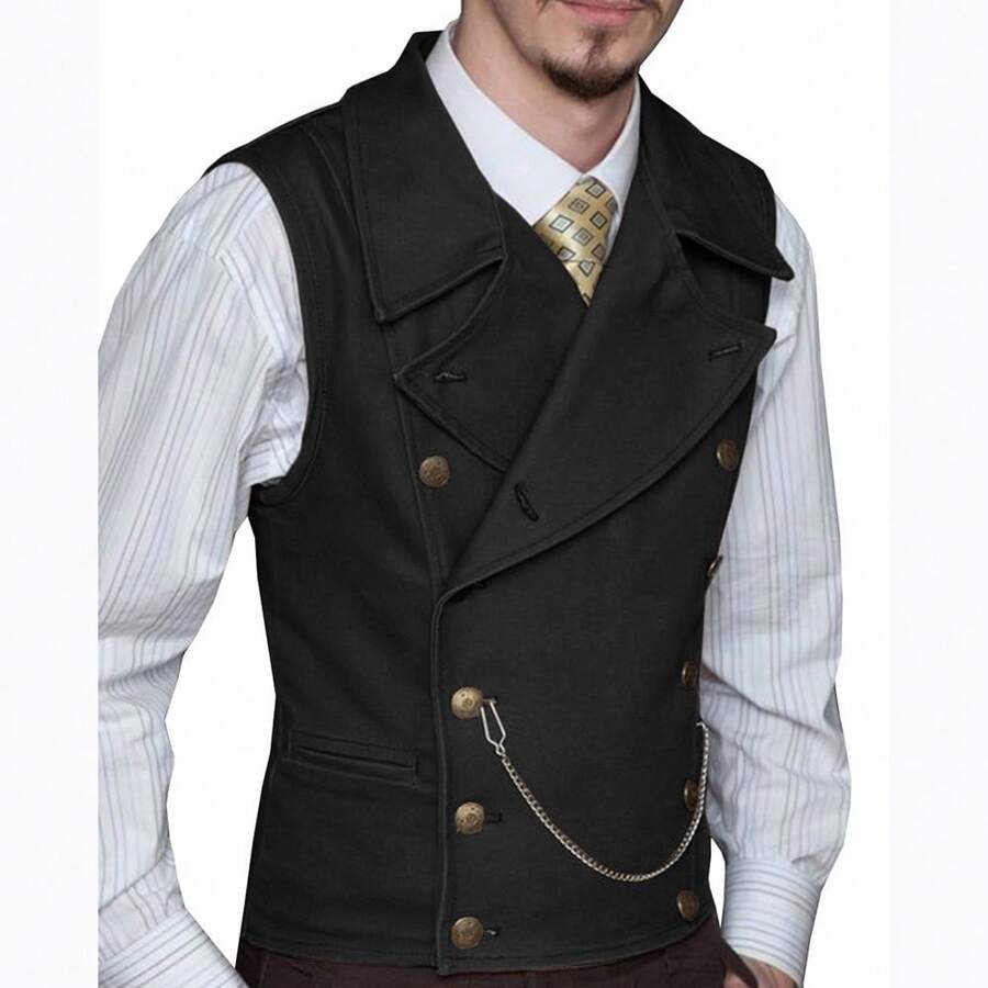 Men's Suede Vests Double Breasted Cowboy Suit Western Vest Classic Groomsmen Wedding Waistcoat For Work And Casual - 黑色 - 查看 1