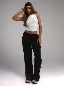 1 pieza Pantalones rectos con bolsillo, simples, casuales, versátiles y de para adolescentes, aptos para entrenamiento, exterior, primavera/verano/otoño/invierno