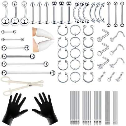78 件/套耳洞穿刺套装鼻洞穿刺套装适用于所有身体穿刺不锈钢穿刺首饰带 12G 14G 16G 18G 20G 穿刺针适用于耳软骨耳屏鼻中隔唇眉