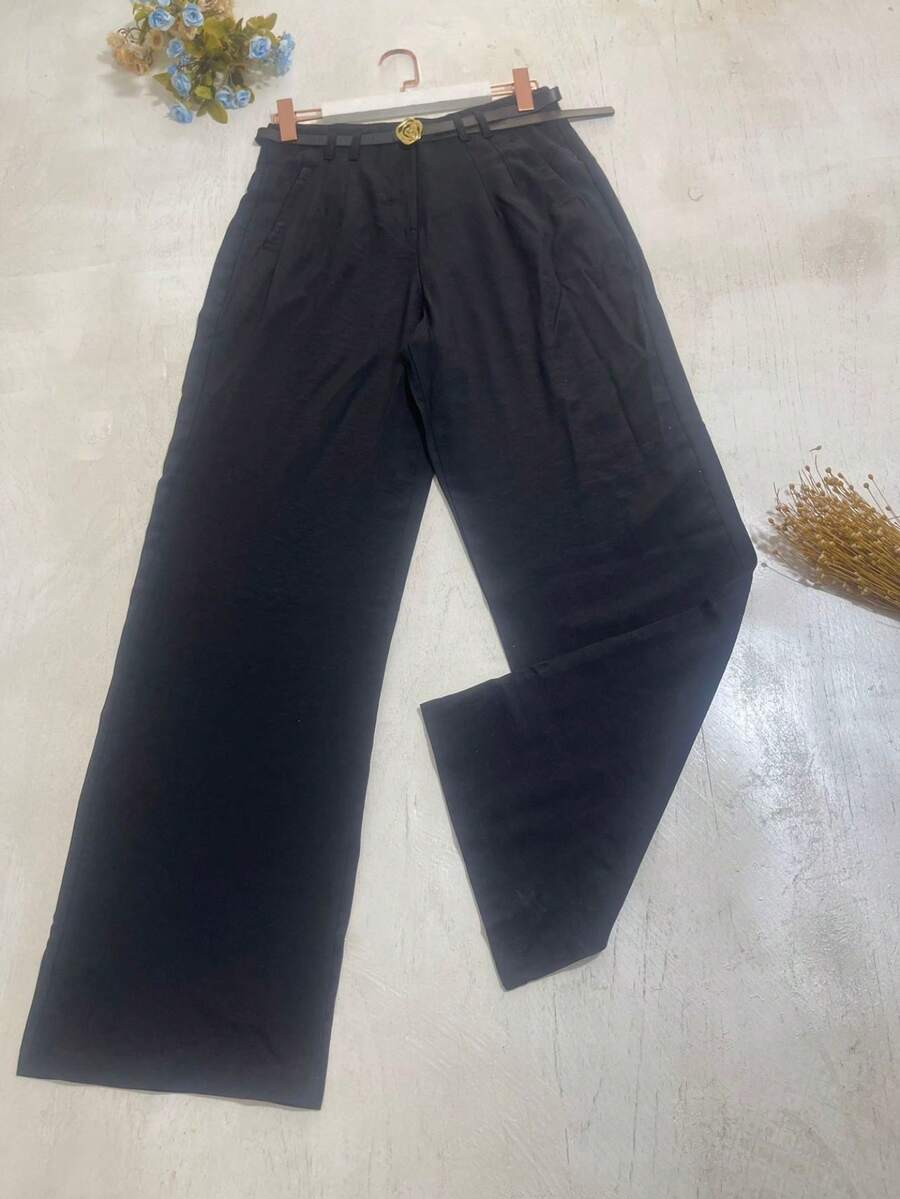 FANNY MODAS Women's High-Waisted Palazzo Pants With Belt In Marrante Fabric - 黑色 - 查看 1