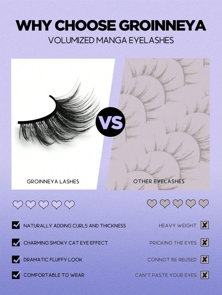 GROINNEYA 10 pares de pestañas postizas estilo manga de pelo sintético tipo mink, pestañas de ojo de gato naturales y completas, esenciales de viaje para maquillaje (K1) - Negro - Añade 4