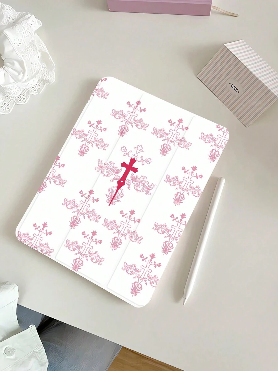 1pc Beautiful Cartoon Pink Flower Cross Pattern Colorful Painted Silicone Anti-Drop Protective Case With Pen Slot, Compatible With Huawei, IPad, Samsung, Supporting Sleep/Wake Function - Multicolor - View 1