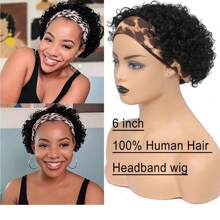 头带式假发 女士真发假发 精灵短发假发 戴上即走 无胶假发 短卷发头带式假发 150% 浓度自然黑色假发 6 英寸