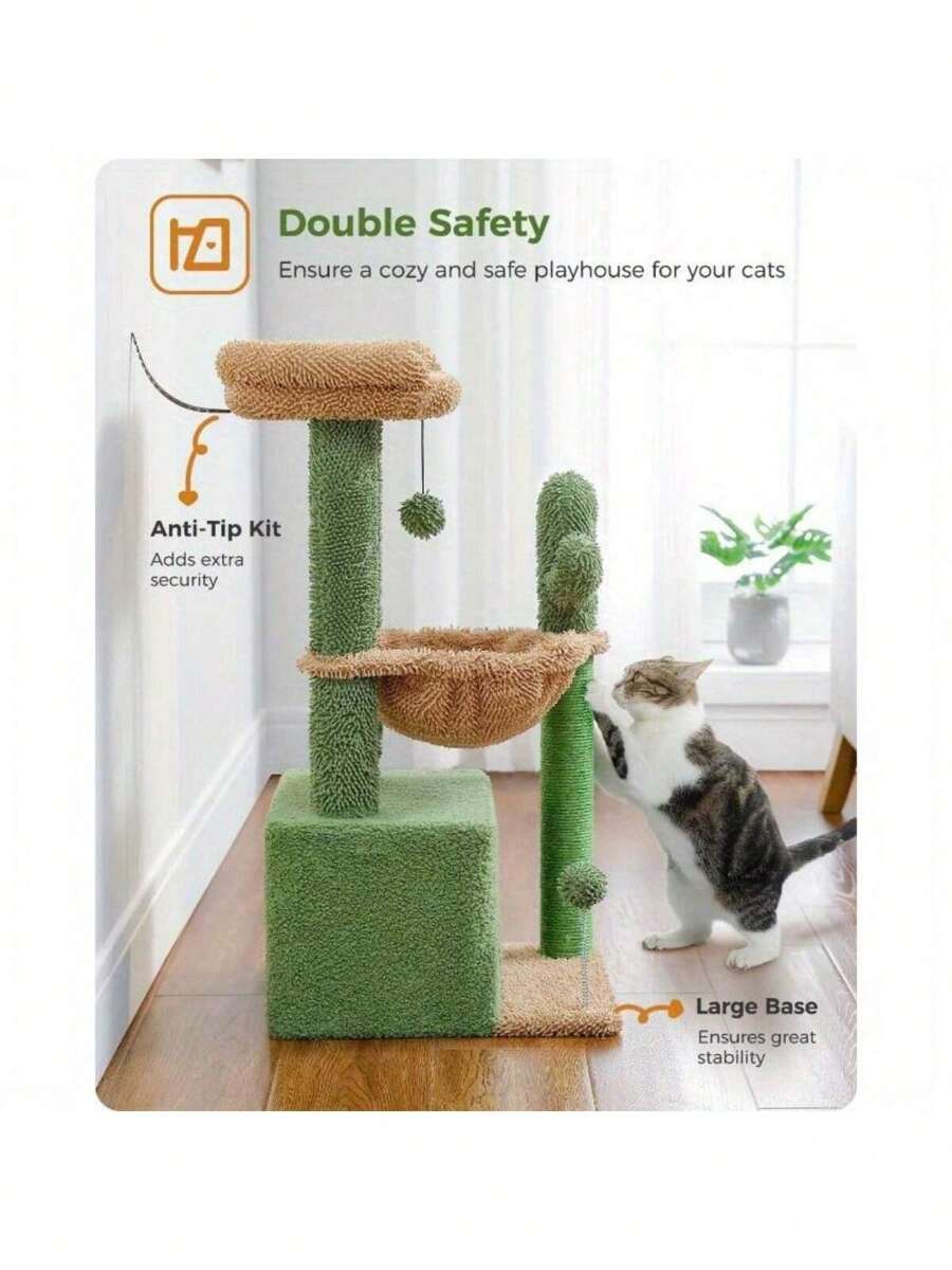 4In1 Cactus Cat Tree, 33'' Cat Tower For Indoor Cats With Large Cat