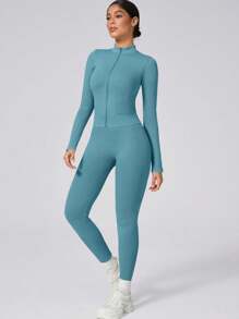 1 Set Women's Matte Sportswear, Ribbed Zip-Up Athletic Jacket And Stretchy Sweatpants - Mint Blue - View 8