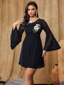 Robe mini femme à manches évasées en dentelle et brodée, robe de soirée semi-formelle à manches longues, élégante, convenant pour les anniversaires, les mariages, les remises de diplômes, les bals de promo et autres occasions - Noir - Voir 3