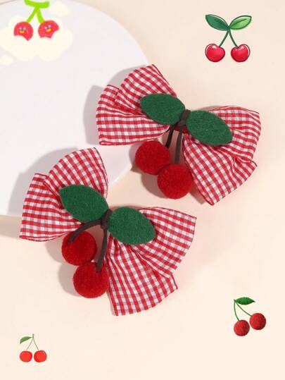 2个樱桃蝴蝶结发夹，女孩樱桃发饰，少女发饰