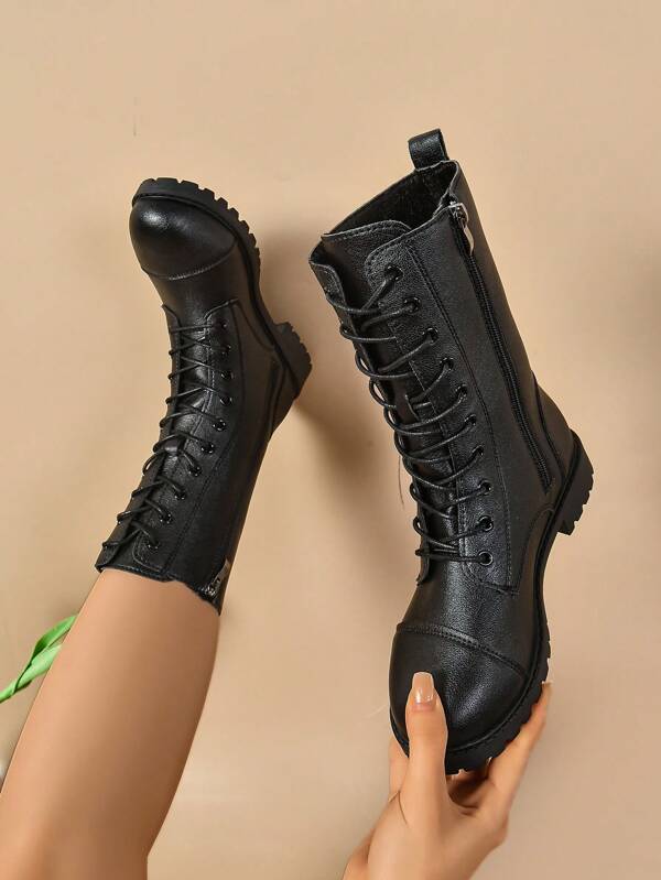 Women's Fashion Versatile Lace-Up Mid-Calf Boots/Ankle Boots/Motorcycle Boots/Short Boots/High-Top Anti-Slip Boots, Casual & Comfortable With Side Zipper, Outdoor/Riding Boots, Black, Autumn/Winter