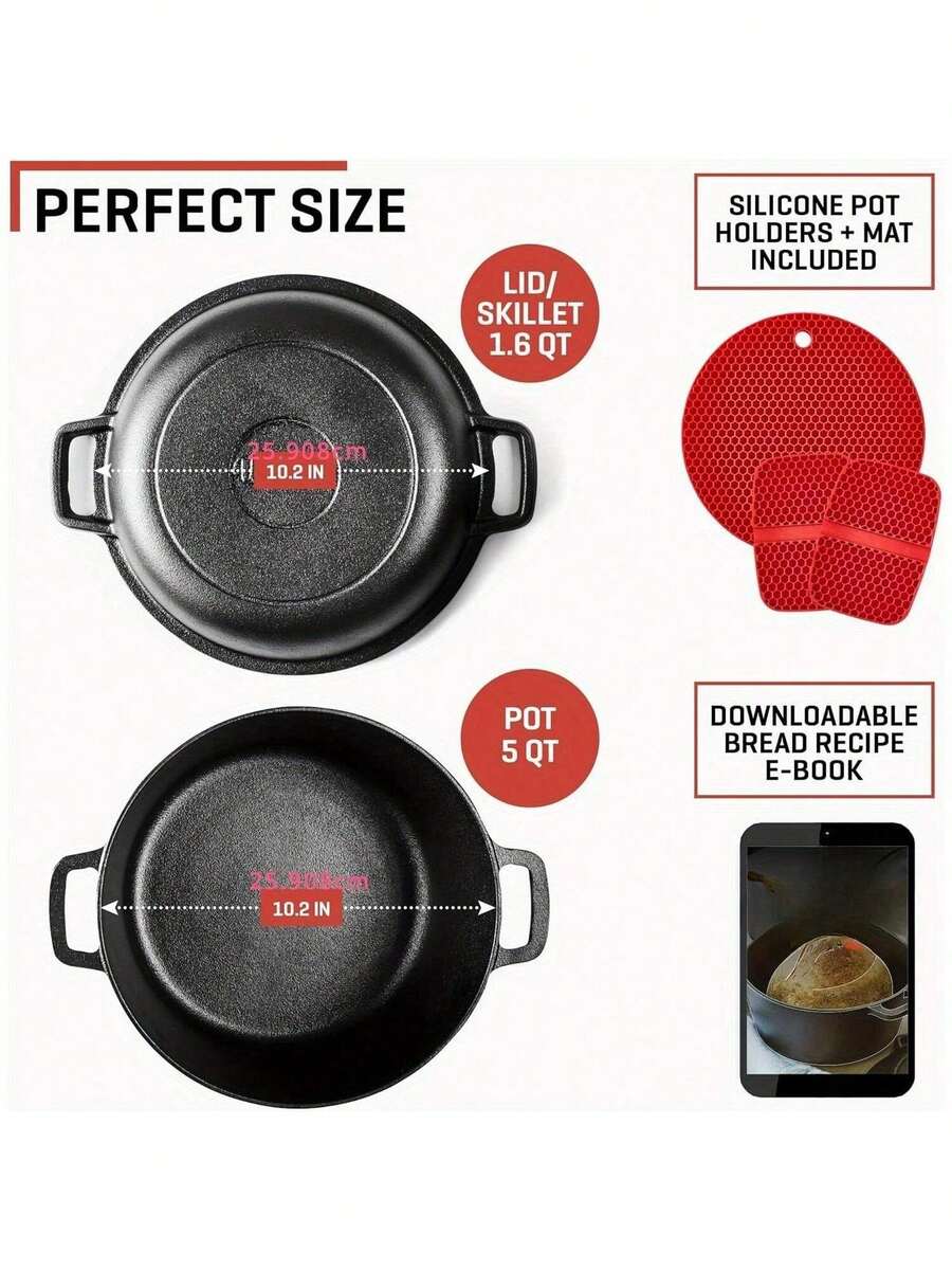 2in1 Dutch Oven Large 5 Quart Dutch Oven Pot With Lid, Seasoned Cast