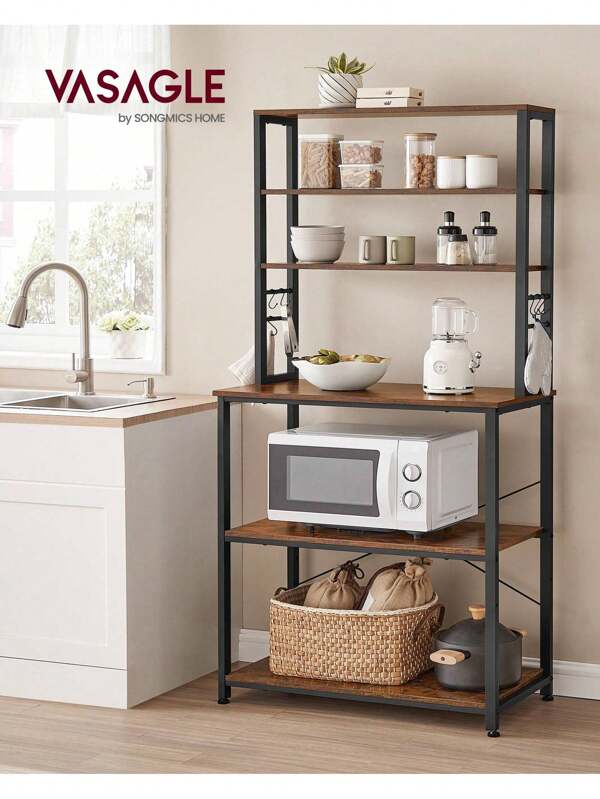 VASAGLE Kitchen Storage Rack, Coffee Bar, Baker's Rack, Total 6 Shelves And 6 Hooks, For Microwave, Steel Frame, Industrial, 40 X 80 X 167 Cm, Rustic Brown And Black