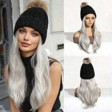 Knitted Hat With 18 Inch Synthetic Long Natural Straight Stylish Hair Extensions,Knitted Hat Wig For Women Halloween, Christmas, Party And Daily Use