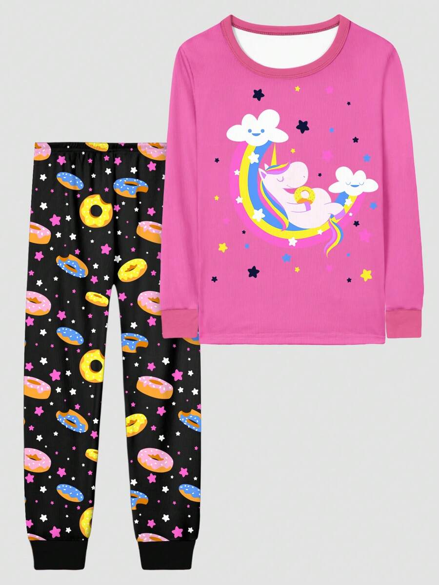 Tween Girls Snug Fit Unicorn & Rainbow Donut Print Long Sleeve Pajama Set - Multicolor - View 1