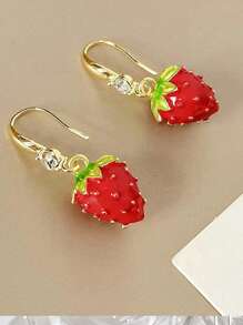 1pair Women's Lovely & Elegant 3d Strawberry & Rhinestone Inlaid Hook Earrings - Multicolor - View 2