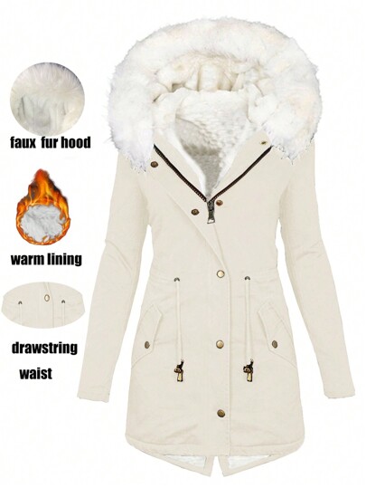 Women Casual Drawstring Waist Zipper Front Hooded Parka Coat With Fur Collar, Autumn/Winter