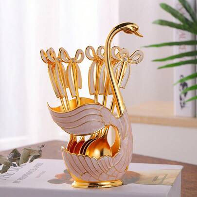  1 bộ thìa đĩa trái cây phong cách châu Âu thời trang mới, thìa vàng hình thiên nga dễ thương (6 thìa + 1 giá đỡ), thích hợp cho tiệc buffet, gia đình, quán cà phê, câu lạc bộ, nhà bếp, quà tặng Giáng sinh, đồ dùng học tập