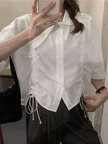 女式纯色翻领短袖宽松抽绳单排扣休闲衬衫，春夏