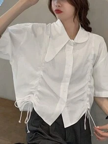 女式纯色翻领短袖宽松抽绳单排扣休闲衬衫，春夏
