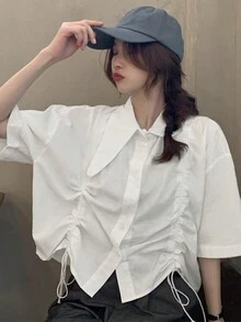 女式纯色翻领短袖宽松抽绳单排扣休闲衬衫，春夏