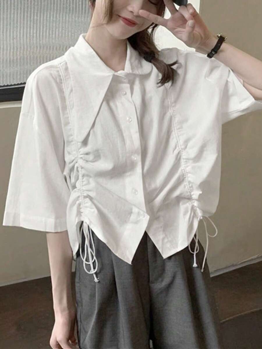 女式纯色翻领短袖宽松抽绳单排扣休闲衬衫，春夏