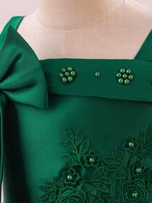 Tween Girls' Faux Pearl Decor Bow Mesh Elegant Birthday Party Dress, Suitable For Wedding, Prom, Does Not Include Headband - Dark Green - View 7