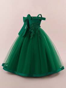 Tween Girls' Faux Pearl Decor Bow Mesh Elegant Birthday Party Dress, Suitable For Wedding, Prom, Does Not Include Headband - Dark Green - View 6