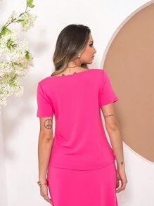 Sweatshirt Set Of Blouse With Slit Skirt C3015 - 西瓜粉 - 查看 5