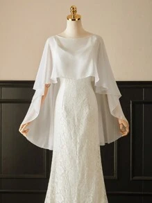 1 件短款雪纺新娘披肩，女式套头披肩，搭配连衣裙和背心，女士秋季服装 - 白色 - 查看 4