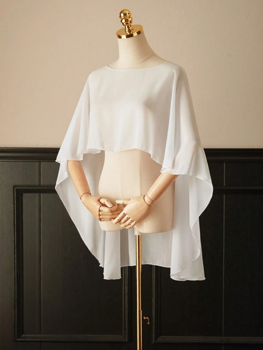 1 件短款雪纺新娘披肩，女式套头披肩，搭配连衣裙和背心，女士秋季服装 - 白色 - 查看 1