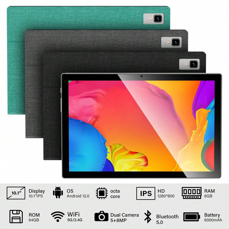 JJGJ Android Tablet, 10.1 Inch Android 12 Tablet, 6GB RAM 64GB ROM, 1TB