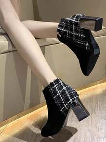 Giày bốt cao cổ thời trang kẻ caro phối màu cho nữ, da lộn và vải bố, gót dày, cao đến giữa bắp chân, hàng mới về mùa thu/đông - màu đen - Xem 1