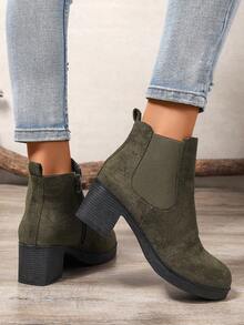 Giày bốt cổ ngắn thời trang mùa xuân thu đông xanh quân đội tối giản khóa kéo bên hông mũi tròn đế xuồng đế dày da lộn giả Chelsea - xanh quân đội - Xem 6