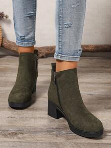 Giày bốt cổ ngắn thời trang mùa xuân thu đông xanh quân đội tối giản khóa kéo bên hông mũi tròn đế xuồng đế dày da lộn giả Chelsea - xanh quân đội - Xem 5